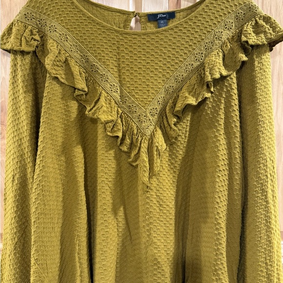J. Crew Olive Gold Textured Boho Rustic Fall Cottagecore Blouse with Ruffle Trim - Picture 4 of 10